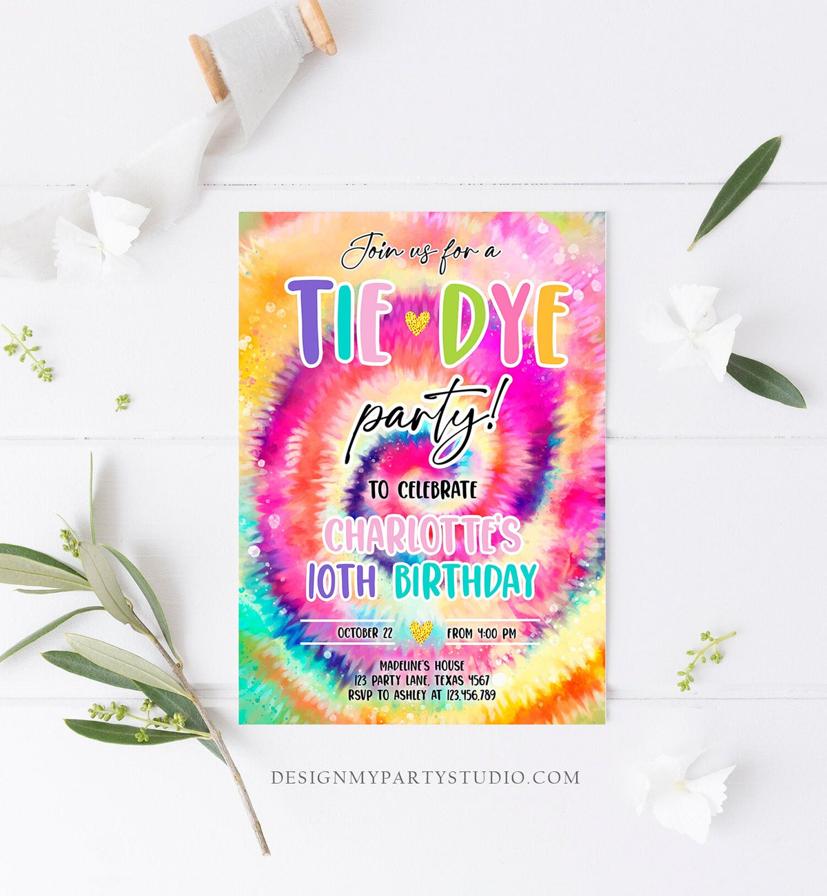 Editable Tie Dye Birthday Invitation Tie Dye Party Invite Girl Pink Tie-Dye Birthday Rainbow Hippie Peace Tween Download Evite Template 0407