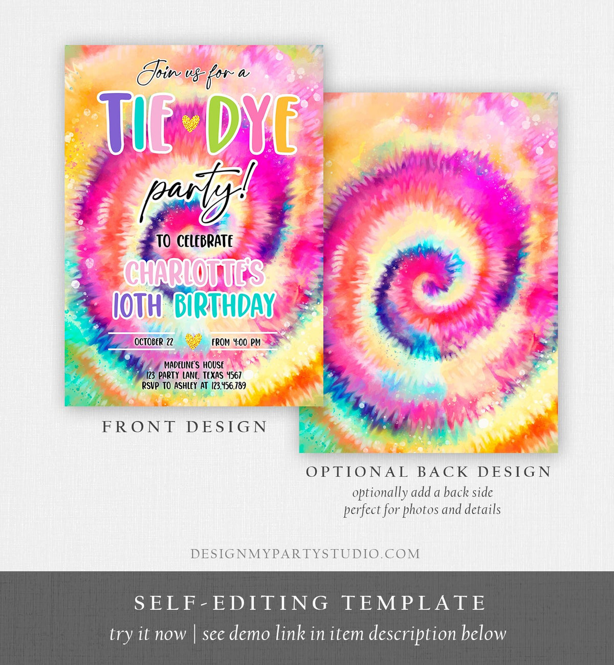 Editable Tie Dye Birthday Invitation Tie Dye Party Invite Girl Pink Tie-Dye Birthday Rainbow Hippie Peace Tween Download Evite Template 0407
