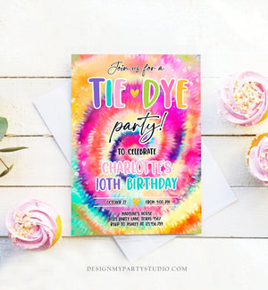 Editable Tie Dye Birthday Invitation Tie Dye Party Invite Girl Pink Tie-Dye Birthday Rainbow Hippie Peace Tween Download Corjl Template 0407