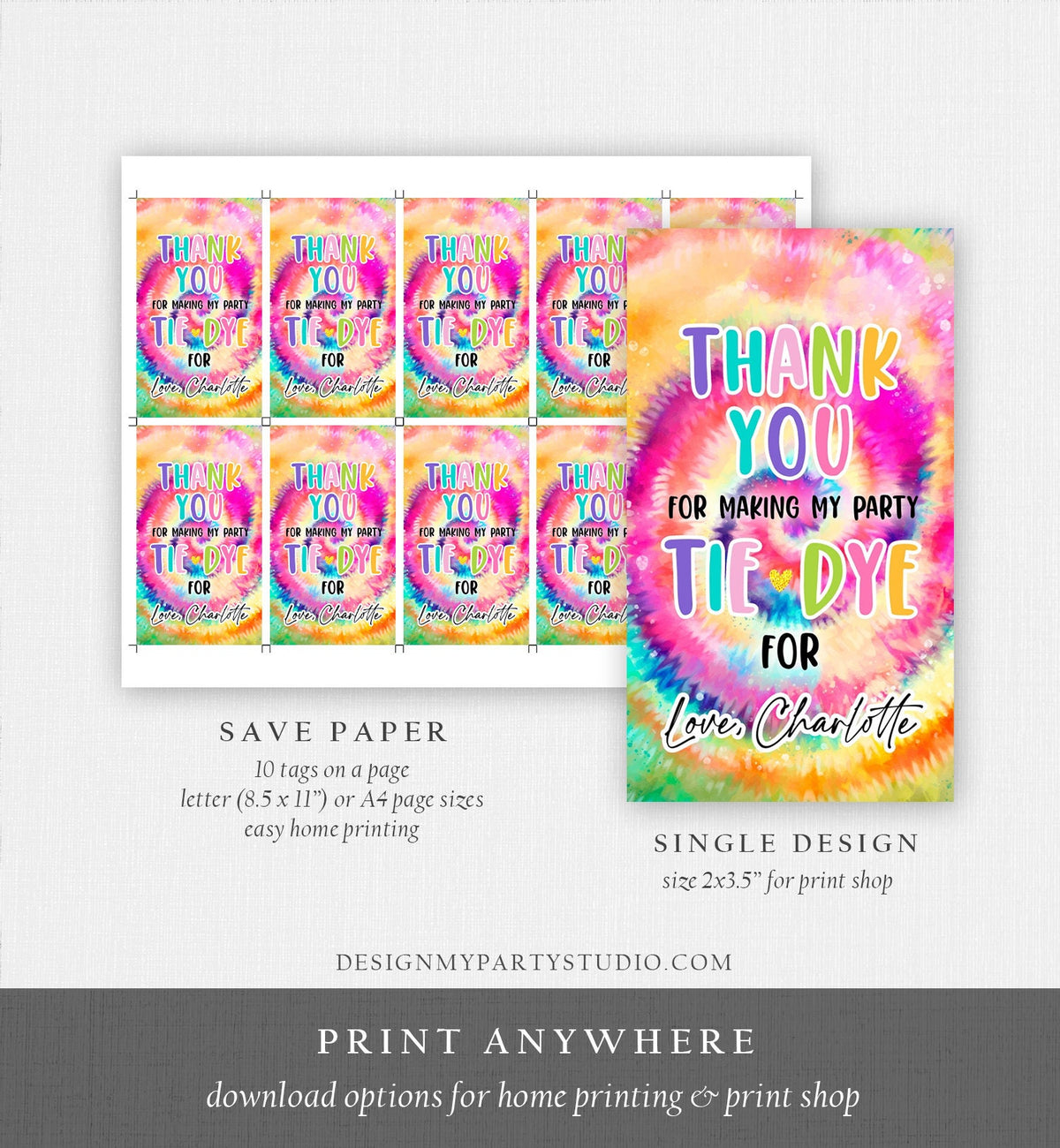 Editable Tie Dye Favor Tags Gift Tag Girl Tie Dye Birthday Thank You Download Hippie Peace Love Craft Party Digital Template Printable 0407