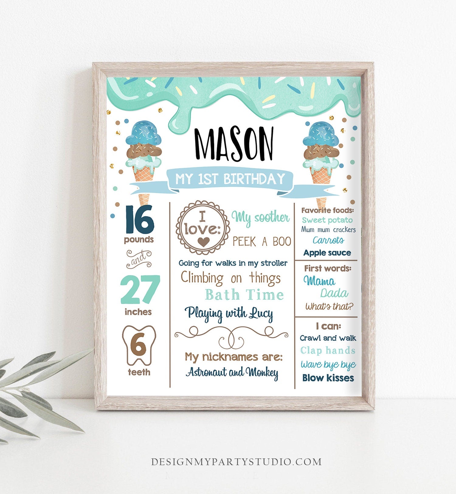 Editable Ice Cream Birthday Milestones Sign Boy First Birthday Sign Firsts Cone Sweet One Poster Digital Download Template Printable 0243
