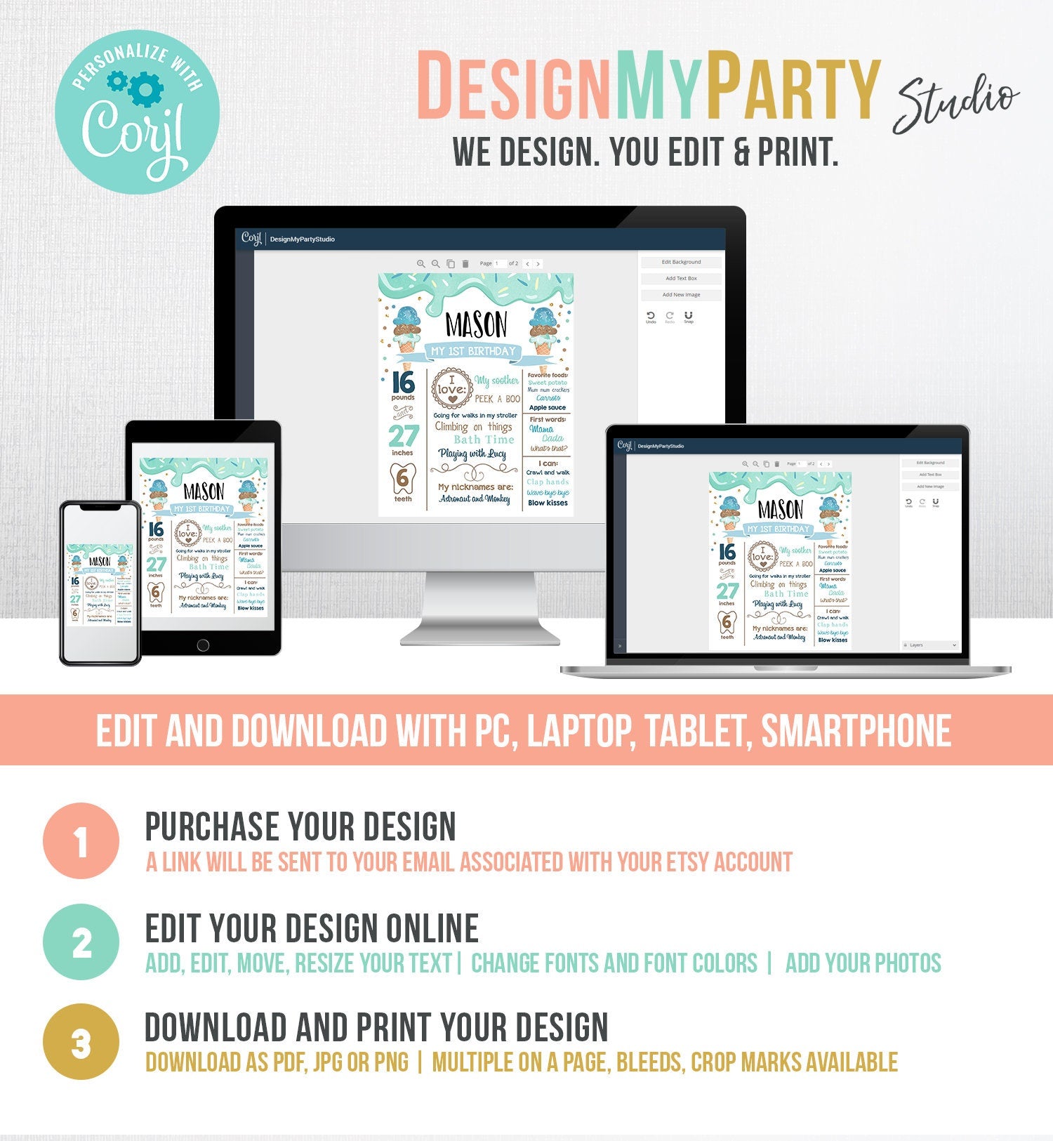 Editable Ice Cream Birthday Milestones Sign Boy First Birthday Sign Firsts Cone Sweet One Poster Digital Download Template Printable 0243