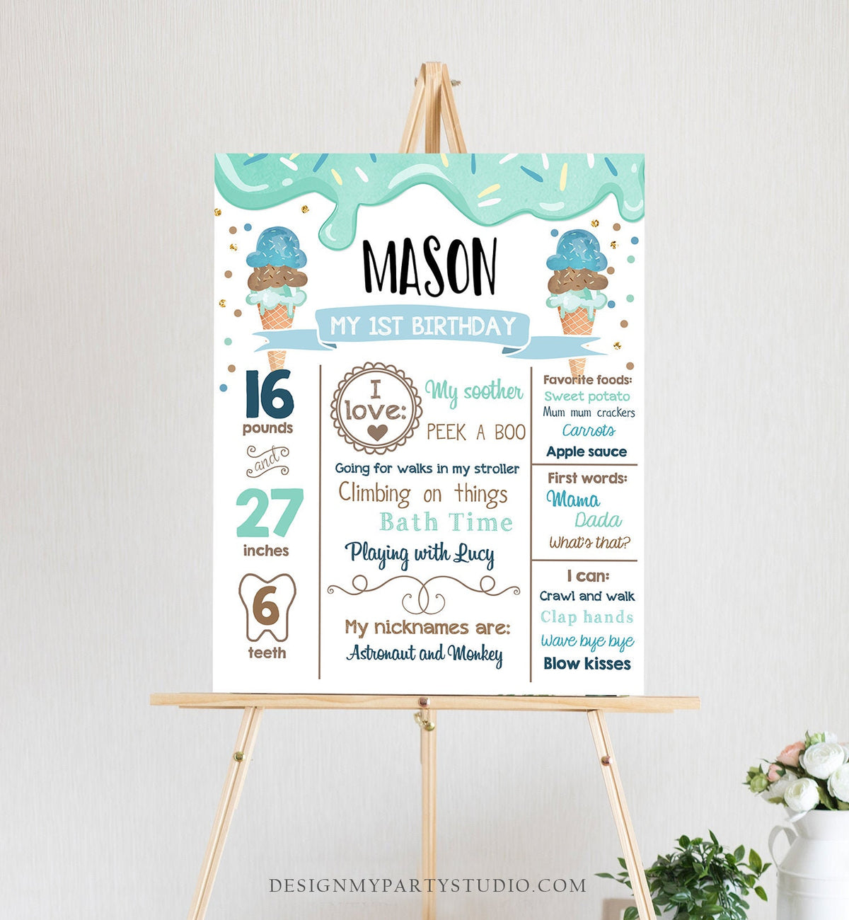 Editable Ice Cream Birthday Milestones Sign Boy First Birthday Sign Firsts Cone Sweet One Poster Digital Download Template Printable 0243