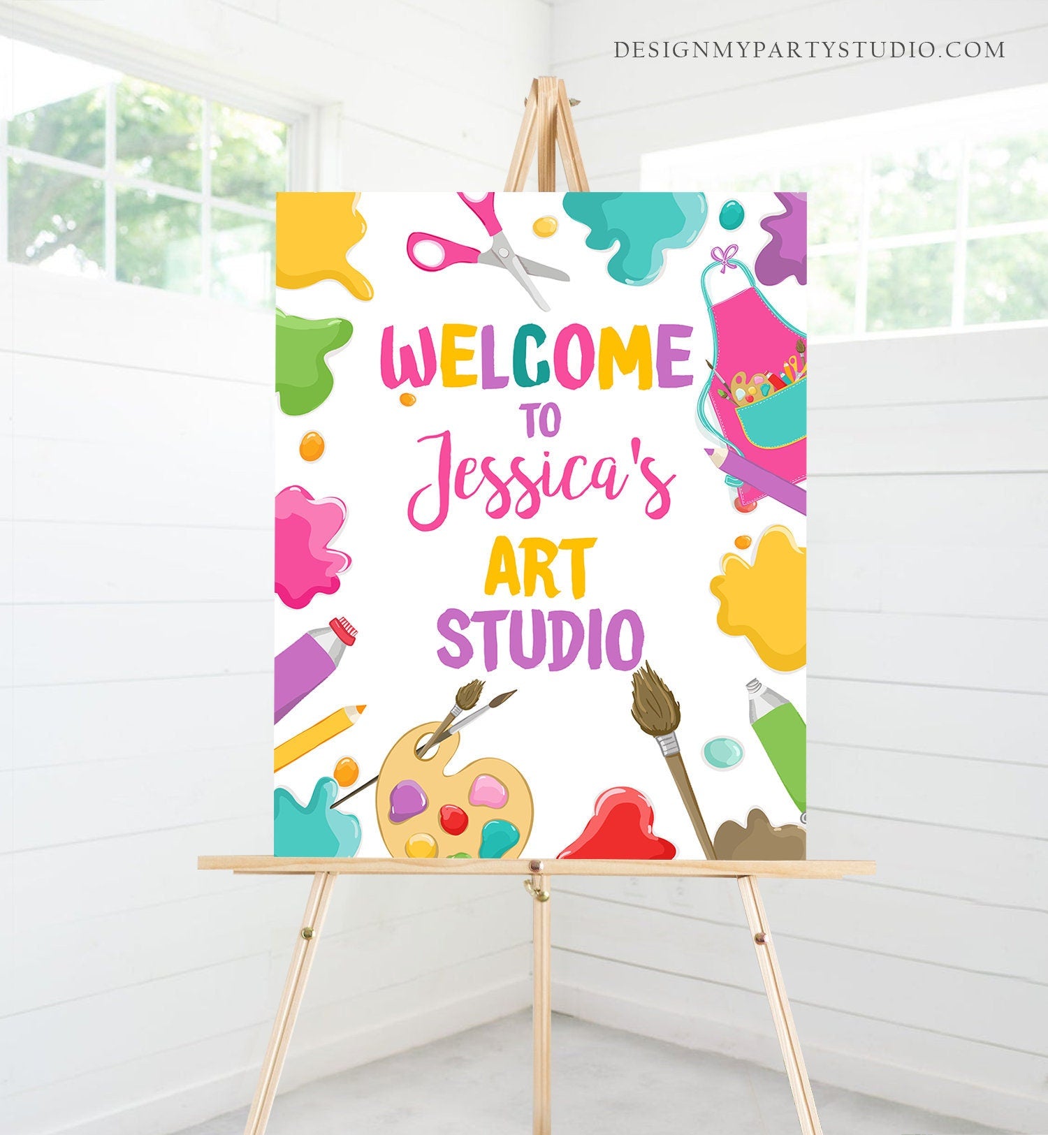 Editable Painting Party Birthday Welcome Sign Art Party Birthday Decor Craft Party Girl Birthday Welcome Pink Template Corjl PRINTABLE 0319