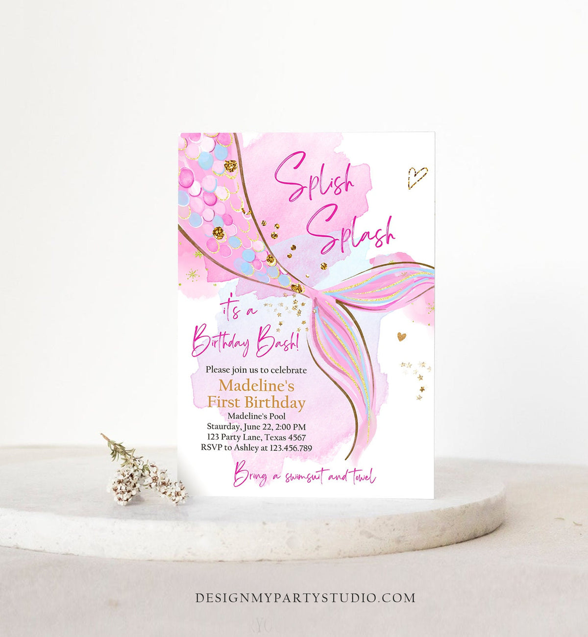 Editable Mermaid Birthday Party Invitation Girl Blush Pink Gold Mermaid Birthday Under The Sea Download Printable Template Corjl 0403