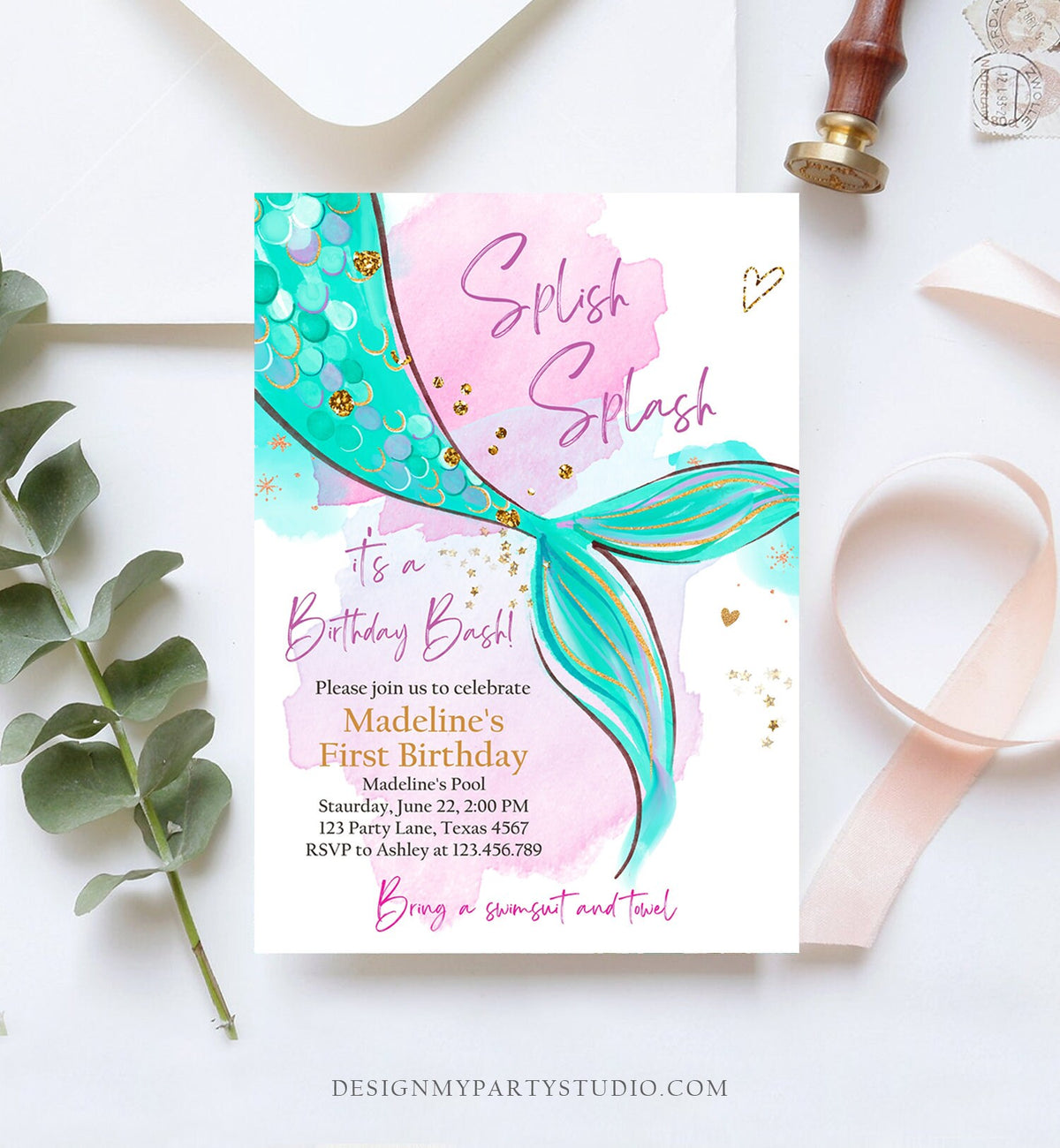 Editable Mermaid Birthday Party Invitation Girl Pink Teal Gold Mermaid Birthday Under The Sea Download Printable Template Digital Evite 0403