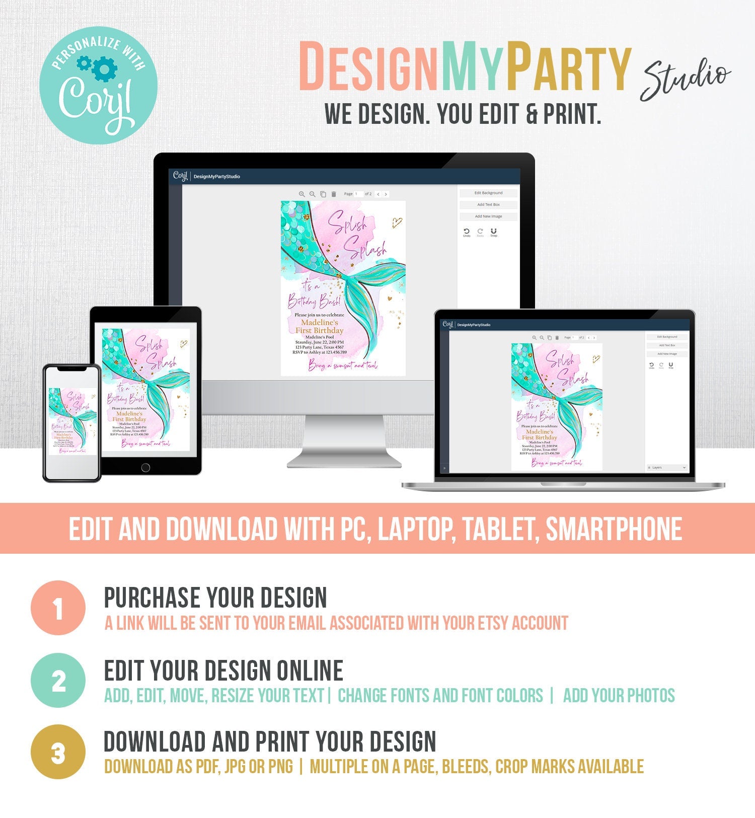 Editable Mermaid Birthday Party Invitation Girl Pink Teal Gold Mermaid Birthday Under The Sea Download Printable Template Digital Evite 0403