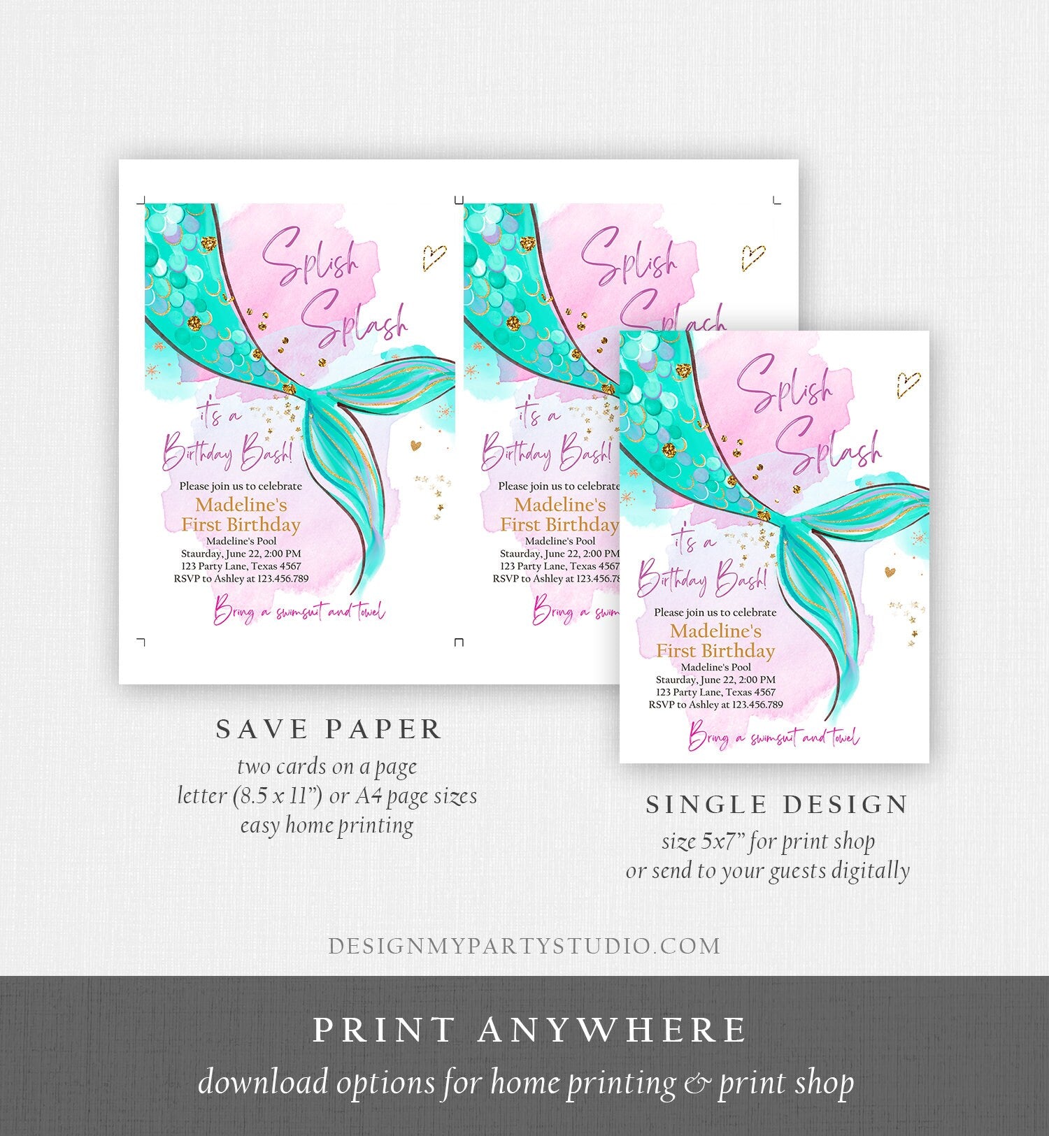 Editable Mermaid Birthday Party Invitation Girl Pink Teal Gold Mermaid Birthday Under The Sea Download Printable Template Digital Evite 0403