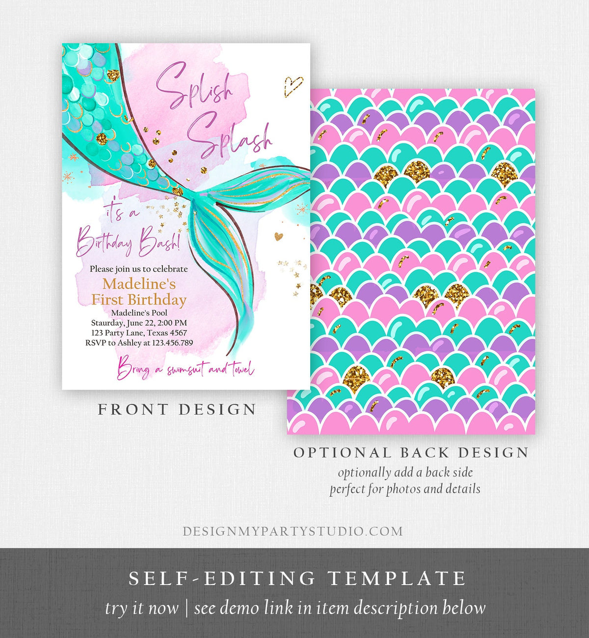 Editable Mermaid Birthday Party Invitation Girl Pink Teal Gold Mermaid Birthday Under The Sea Download Printable Template Digital Evite 0403
