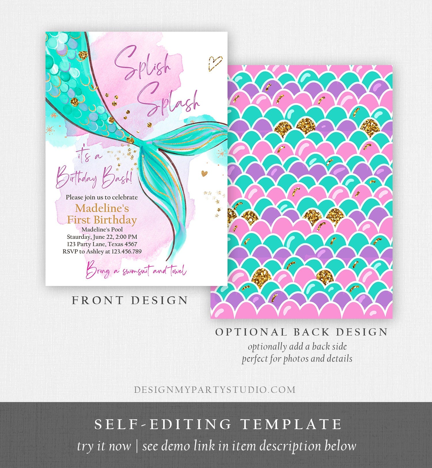 Editable Mermaid Birthday Party Invitation Girl Pink Teal Gold Mermaid Birthday Under The Sea Download Printable Template Digital Evite 0403