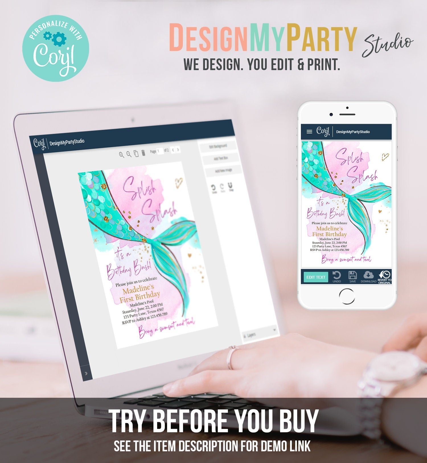 Editable Mermaid Birthday Party Invitation Girl Pink Teal Gold Mermaid Birthday Under The Sea Download Printable Template Digital Evite 0403