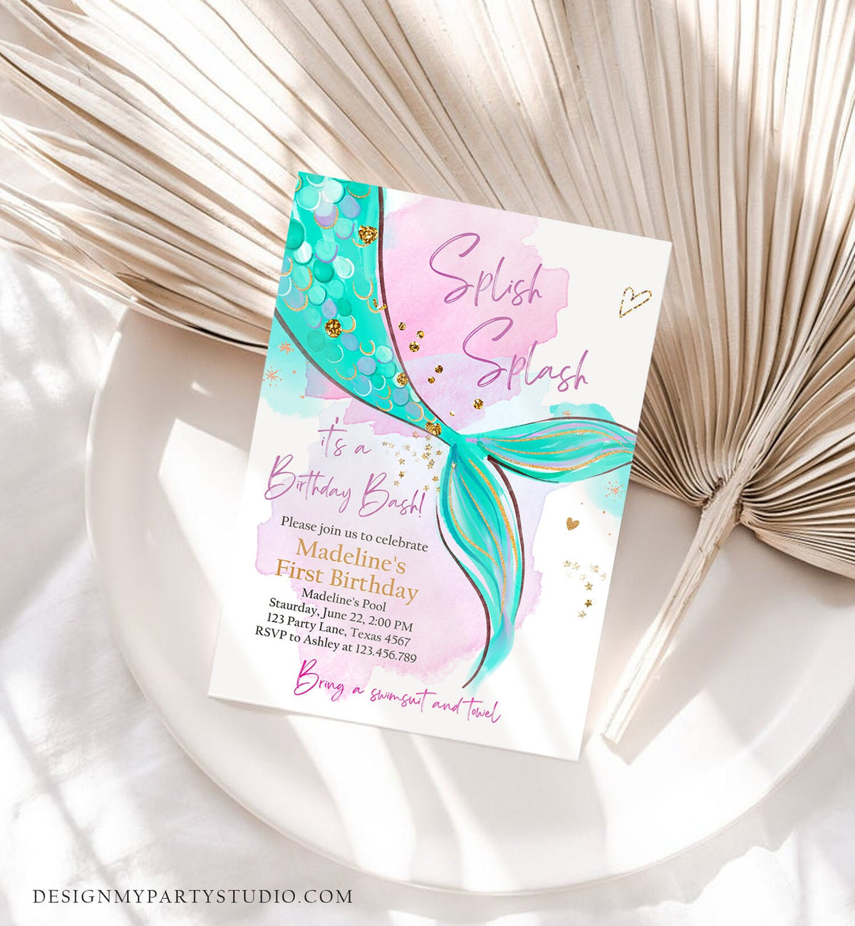 Editable Mermaid Birthday Party Invitation Girl Pink Teal Gold Mermaid Birthday Under The Sea Download Printable Template Digital Evite 0403