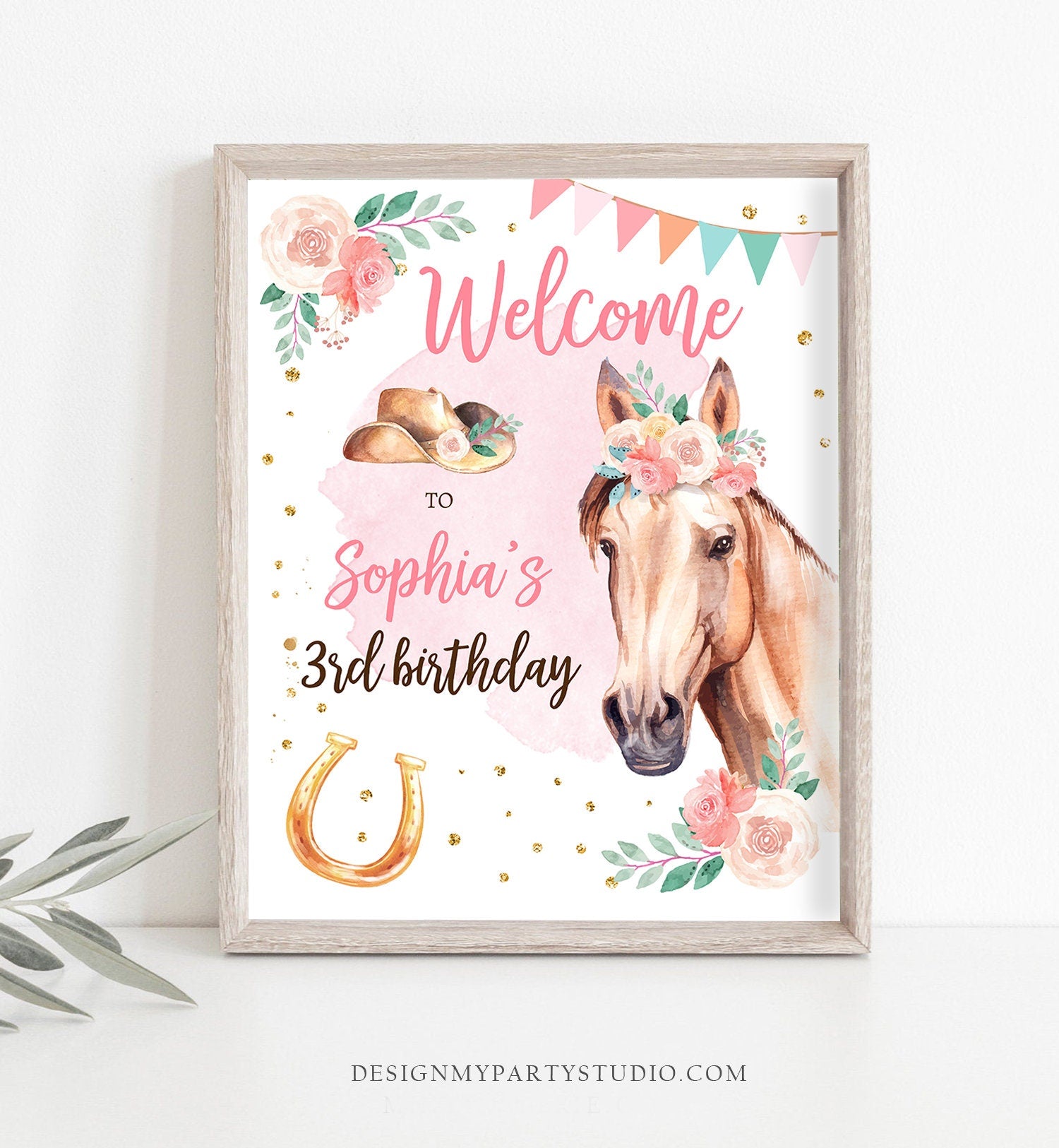 Editable Horse Birthday Welcome Sign Pony Birthday Welcome Sign Cowgirl Party Floral Girl Horse Party Download Template Corjl PRINTABLE 0398