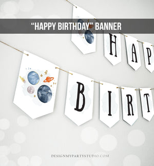Happy Birthday Banner Outer Space Planets Banner Boy Galaxy First Birthday Decorations Rocket Instant download PRINTABLE DIGITAL 0357 0366