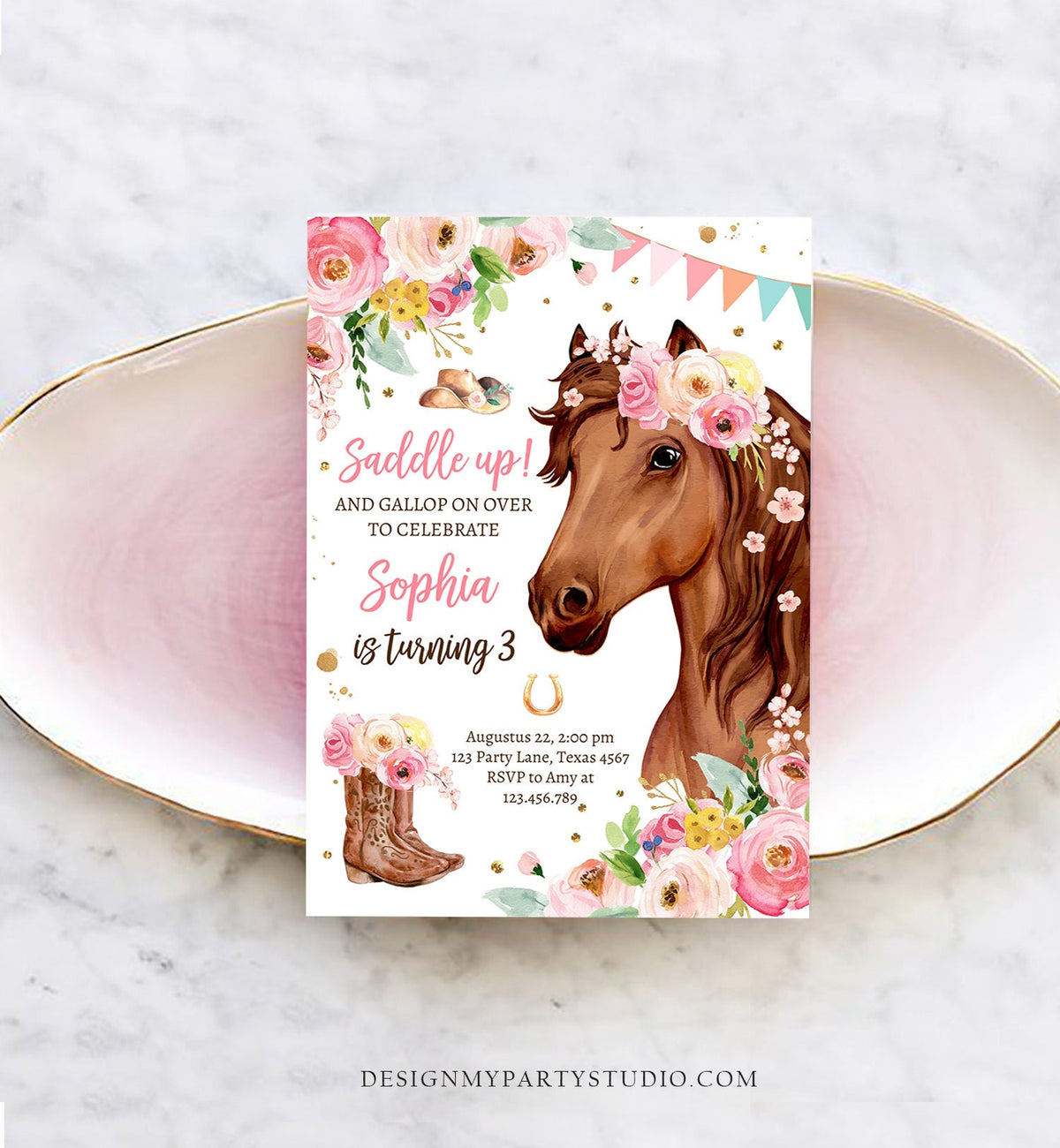 Editable Horse Birthday Invitation Girl Saddle Up Watercolor Cowgirl Party Horse Invite Pink Floral Download Printable Template Corjl 0408