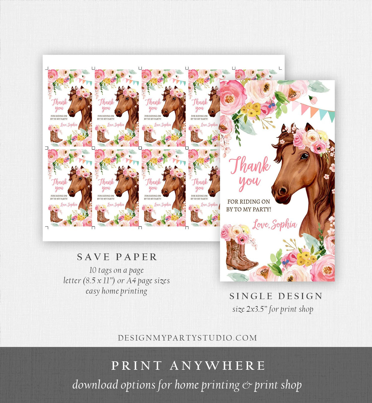 Editable Cowgirl Favor Tags Tags Horse Birthday Party Favor Thank you Tags Girl Horse Party Floral Download Template PRINTABLE Corjl 0408
