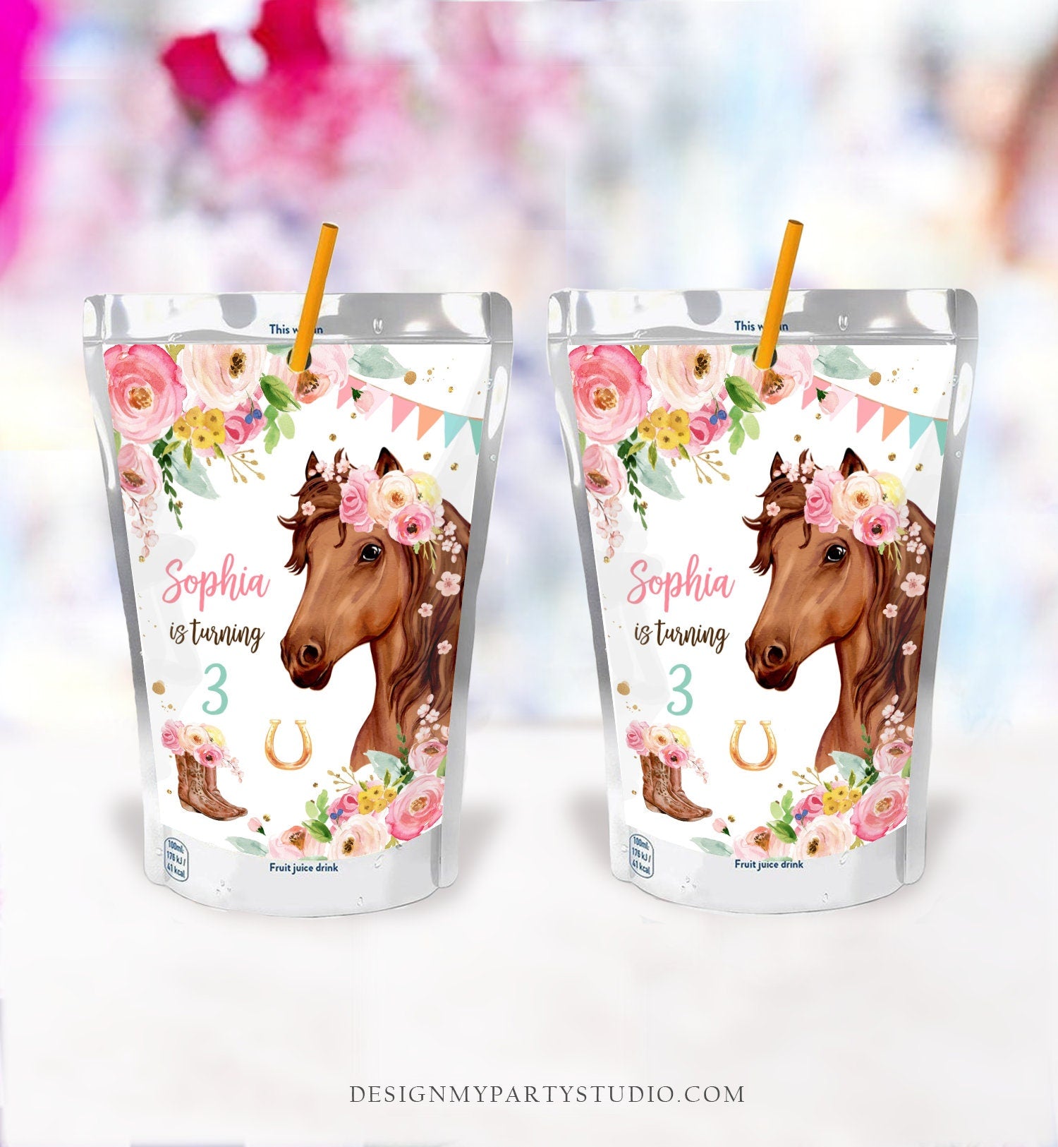 Editable Horse Birthday Juice Pouch Label Juice Favors Cowgirl Party Girl Birthday Decor Floral Digital Download Template Printable 0408