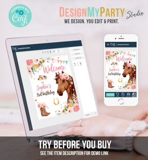 Editable Horse Birthday Welcome Sign Pony Birthday Welcome Sign Cowgirl Party Floral Girl Horse Party Download Template Corjl PRINTABLE 0408