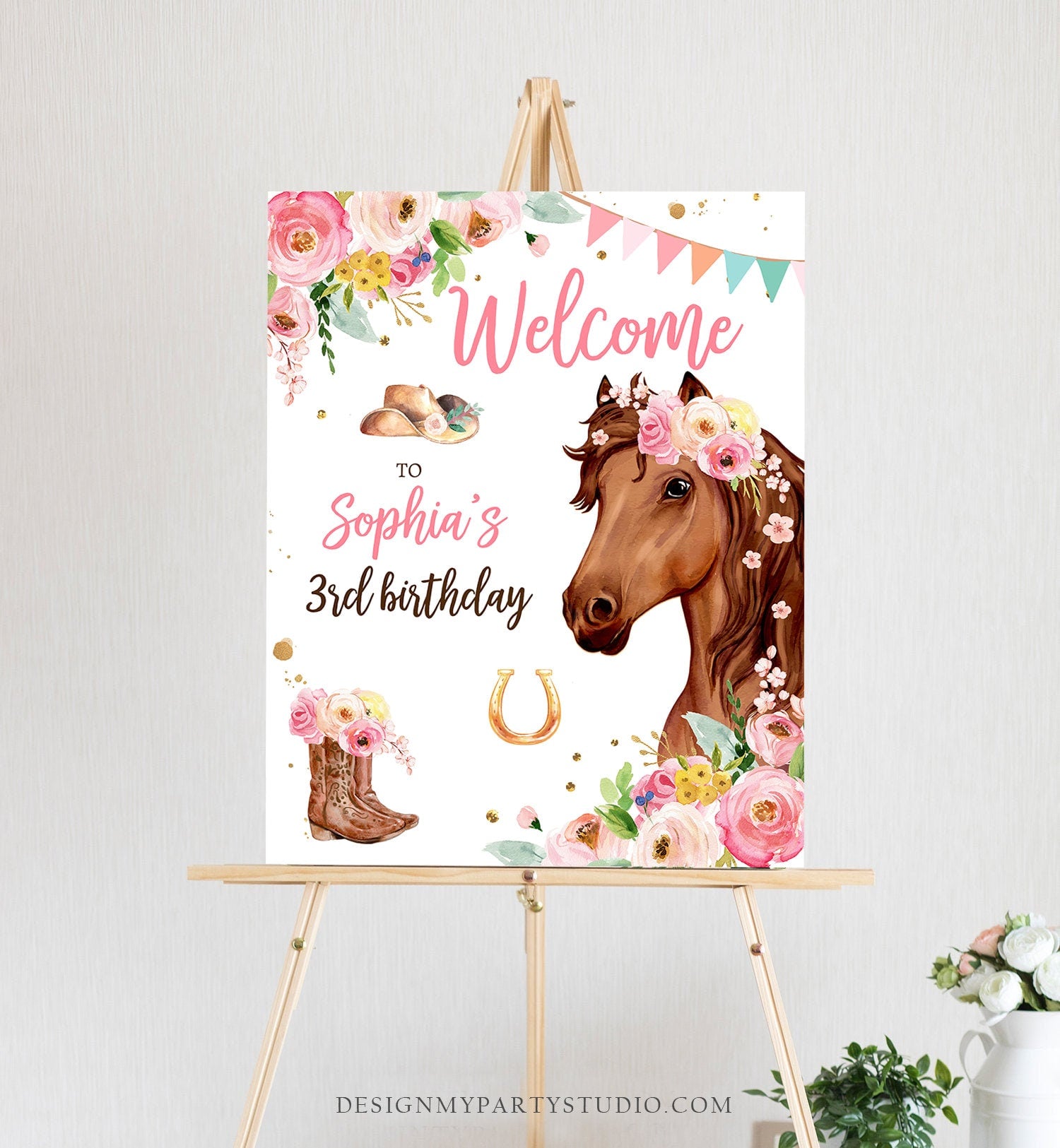 Editable Horse Birthday Welcome Sign Pony Birthday Welcome Sign Cowgirl Party Floral Girl Horse Party Download Template Corjl PRINTABLE 0408
