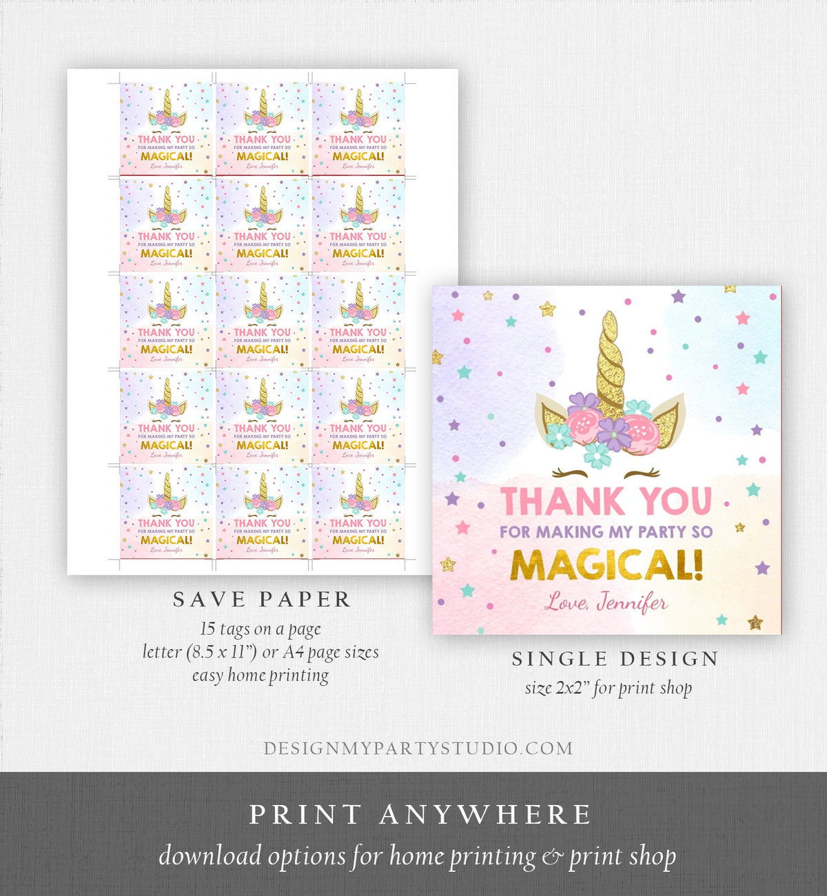 Editable Unicorn Favor Tags Magical Birthday Thank You Tag Gift Girl Pink Purple Gold Glitter Download Corjl Template Printable 0041
