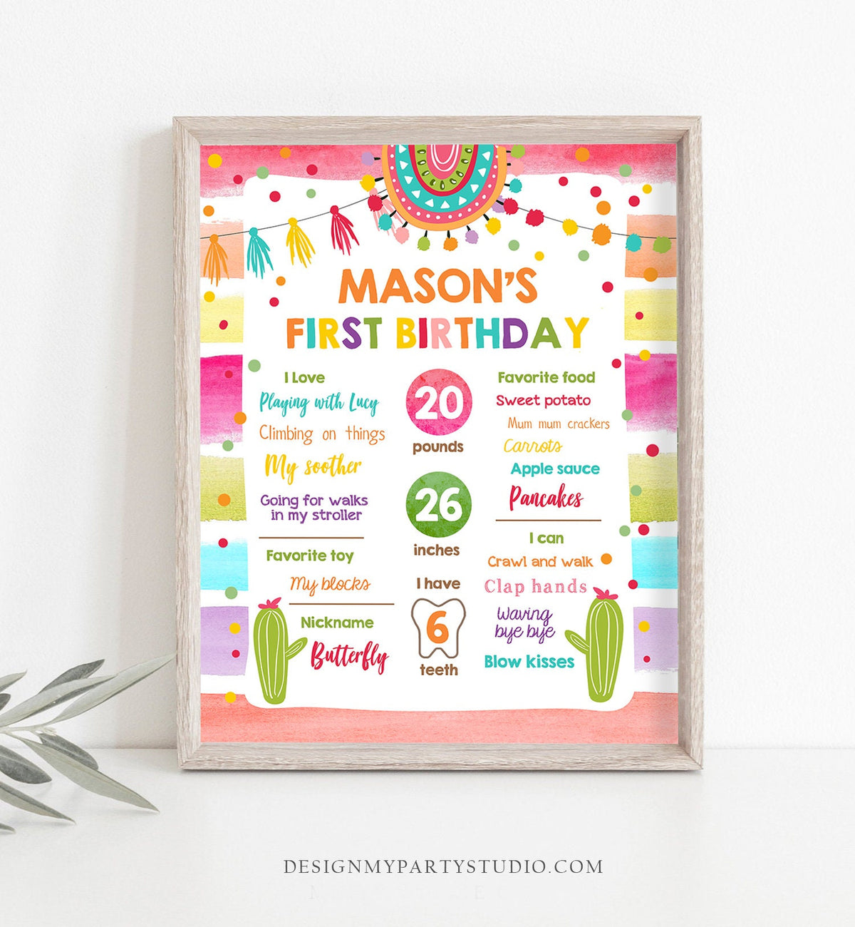 Editable Fiesta Birthday Milestones Sign Mexican Cactus Succulent Girl Boy Blue First Birthday 1st Digital Download Template Printable 0134