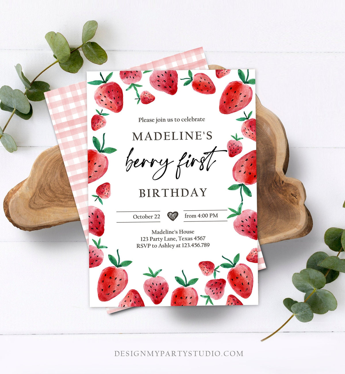 Editable Strawberry Birthday Invitation First Birthday Berry Sweet Girl Cute Strawberries 1st Digital Download Template Printable 0399
