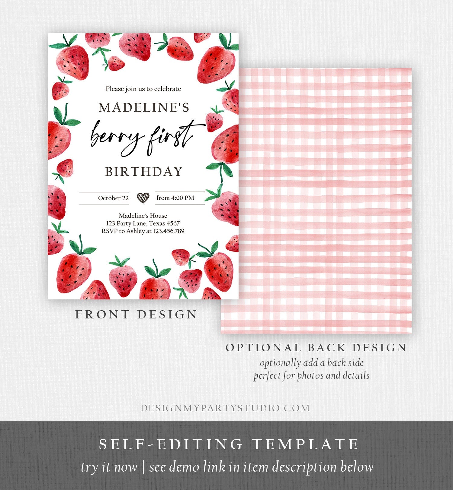 Editable Strawberry Birthday Invitation First Birthday Berry Sweet Girl Cute Strawberries 1st Digital Download Template Printable 0399