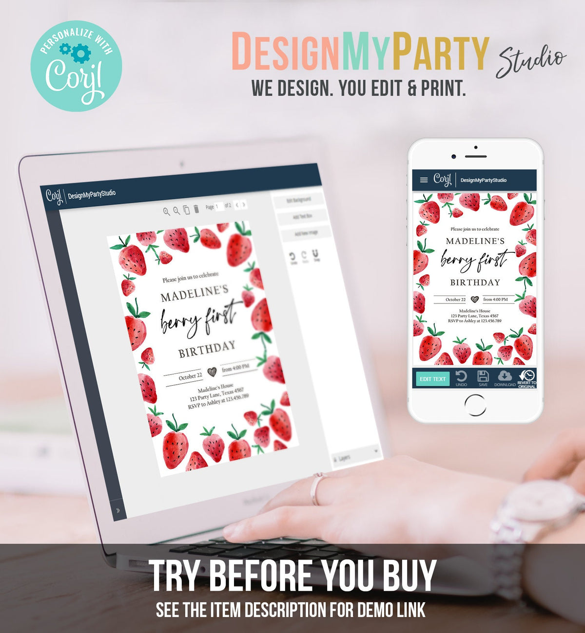 Editable Strawberry Birthday Invitation First Birthday Berry Sweet Girl Cute Strawberries 1st Digital Download Template Printable 0399