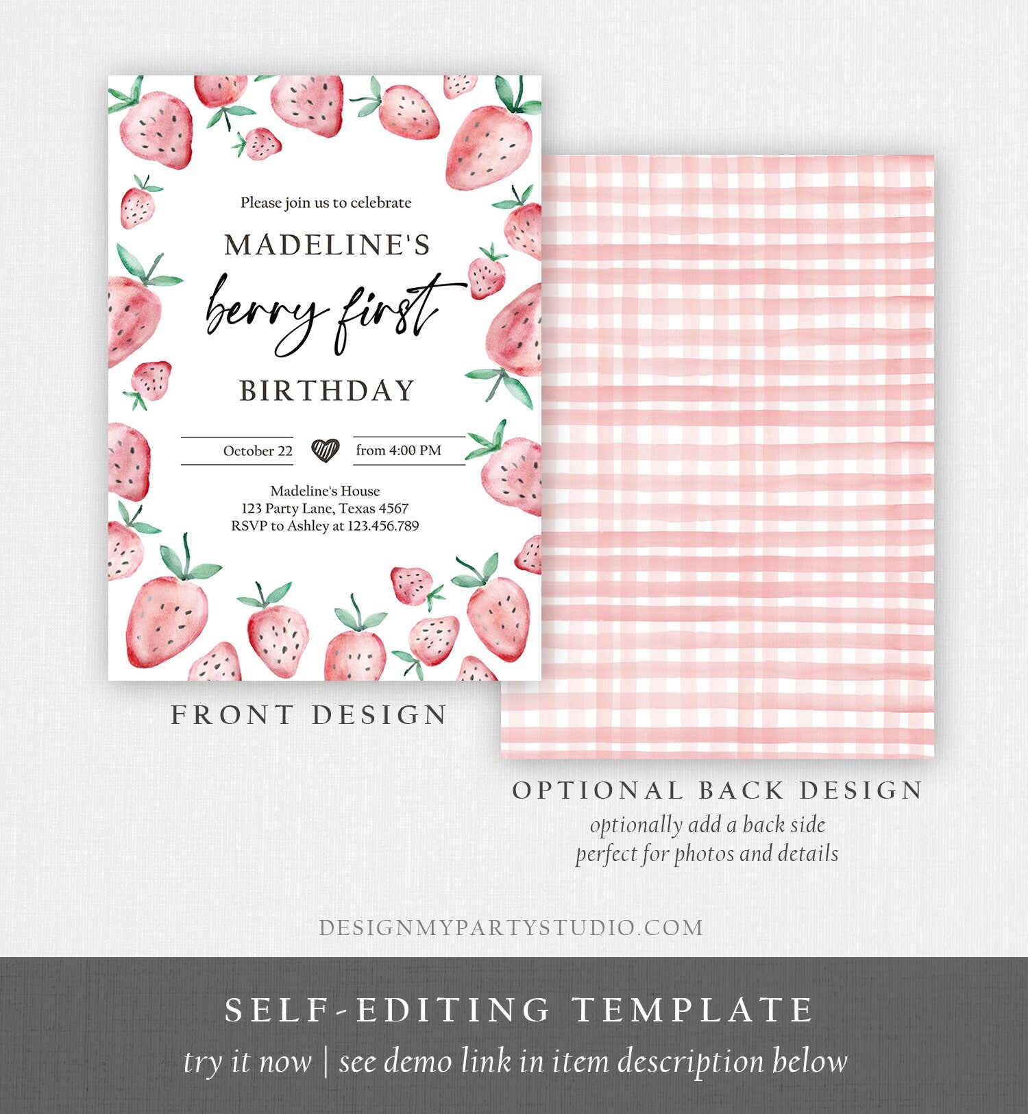 Editable Strawberry Birthday Invitation First Birthday Berry Sweet Girl Cute Strawberries 1st Digital Download Evite Template Printable 0399