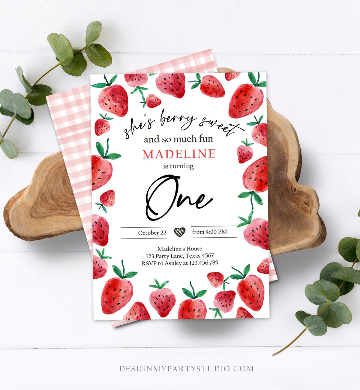 Editable Strawberry Birthday Invitation First Birthday Berry Sweet Girl Cute Strawberries 1st Download Printable Template Corjl Digital 0399