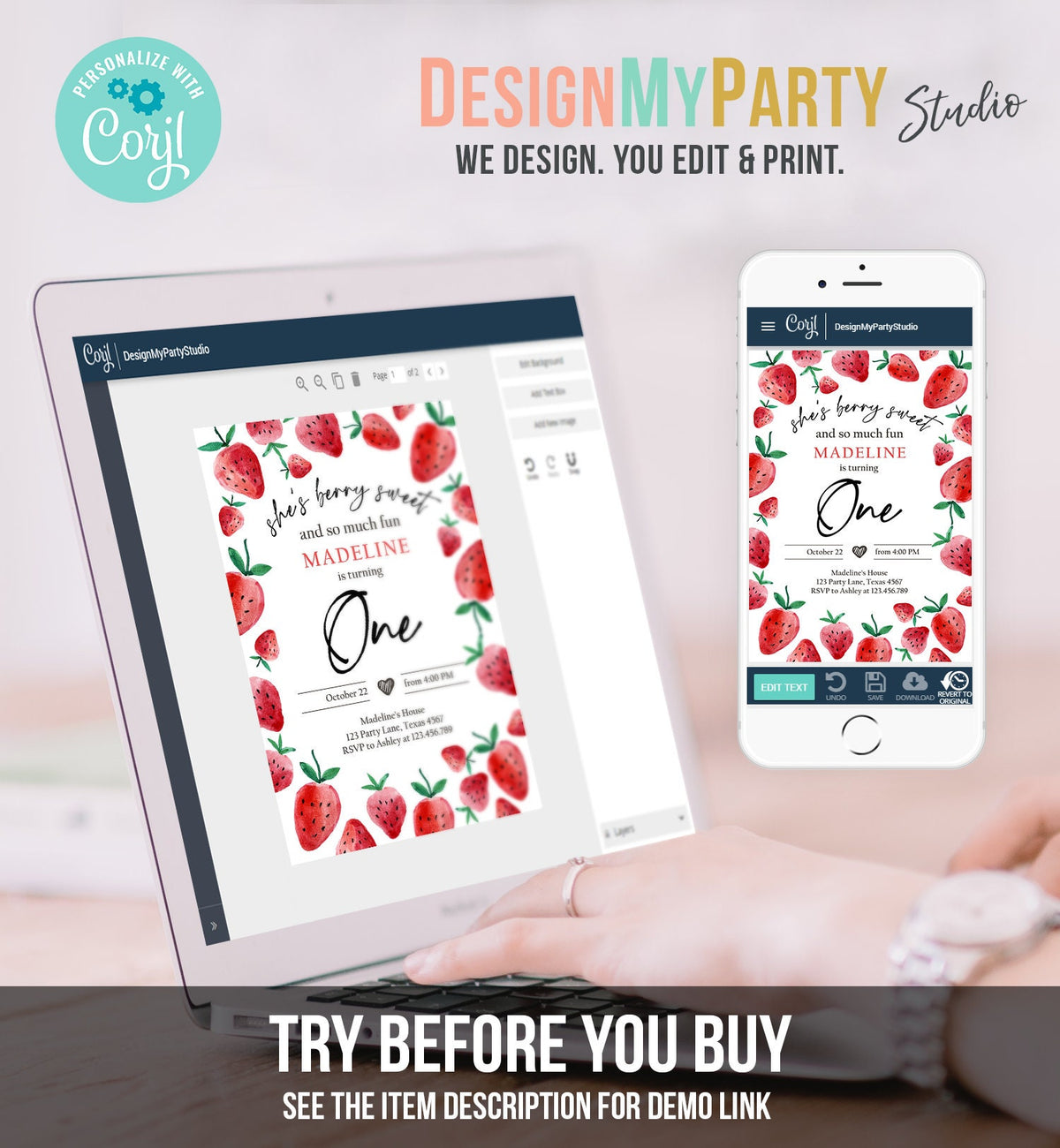 Editable Strawberry Birthday Invitation First Birthday Berry Sweet Girl Cute Strawberries 1st Download Printable Template Corjl Digital 0399