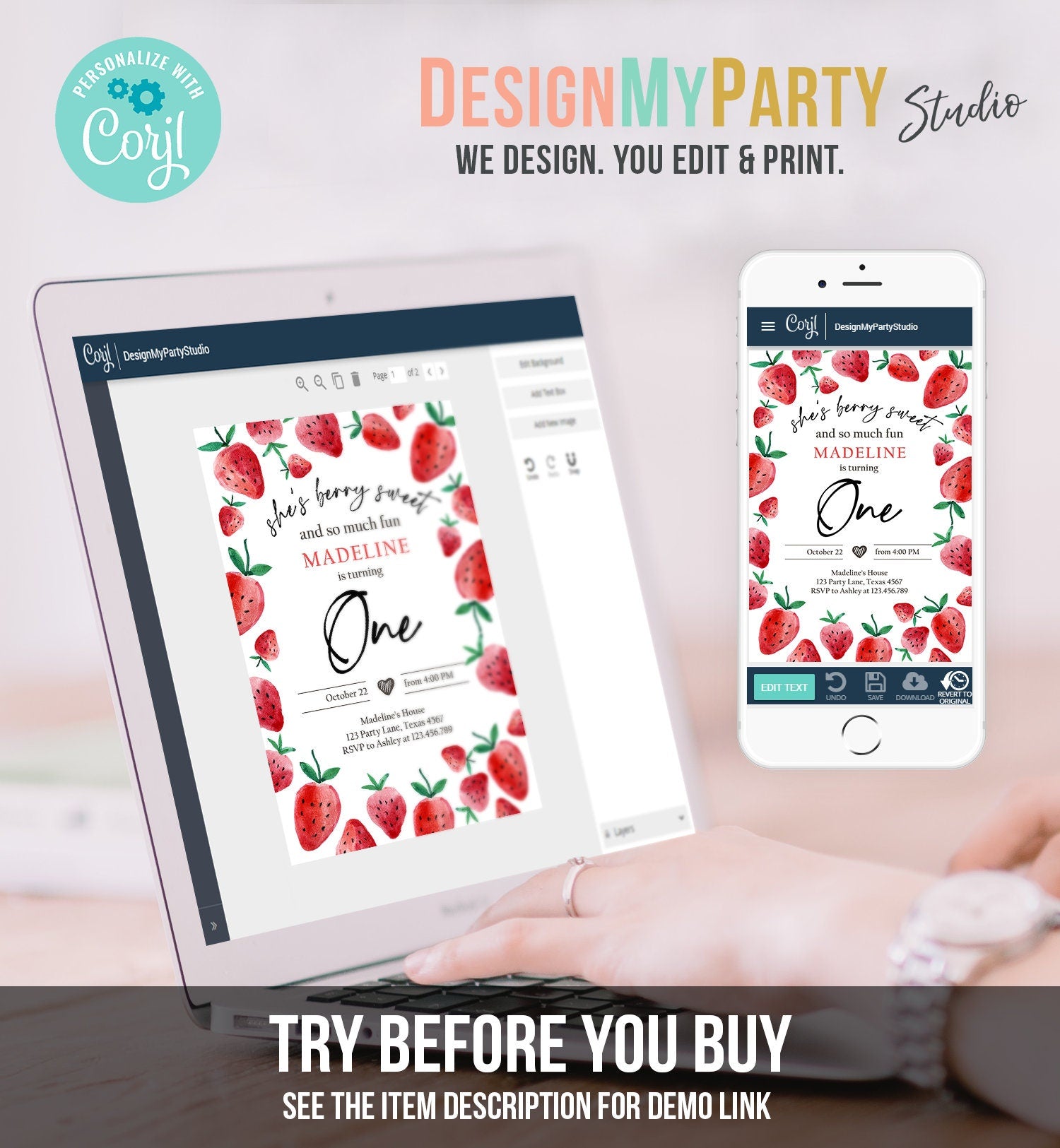 Editable Strawberry Birthday Invitation First Birthday Berry Sweet Girl Cute Strawberries 1st Download Printable Template Corjl Digital 0399