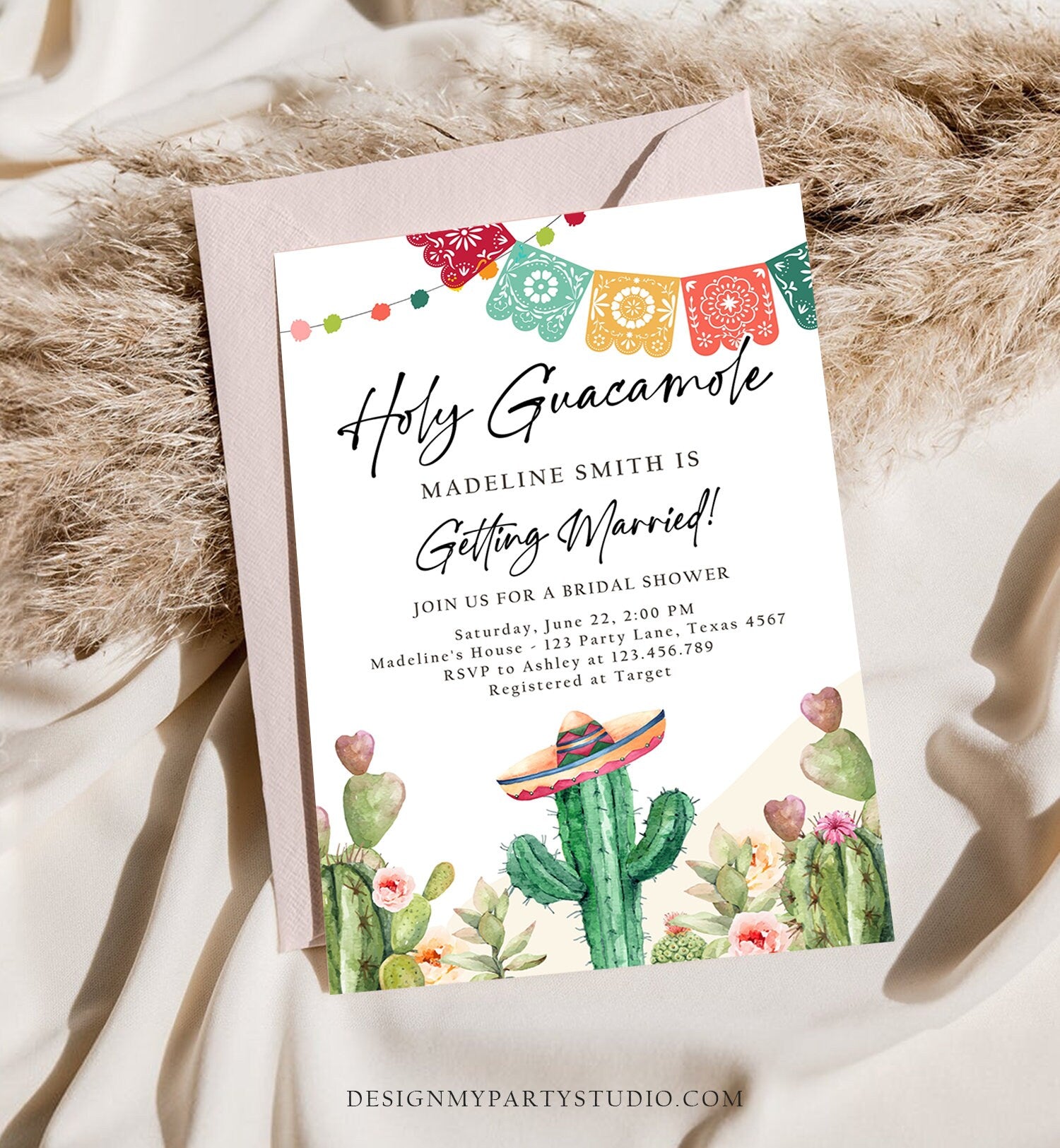 Editable Holy Guacamole Bridal Shower Invitation Couples Fiesta Mexican Watercolor Cactus Succulent Desert Digital Template Printable 0404