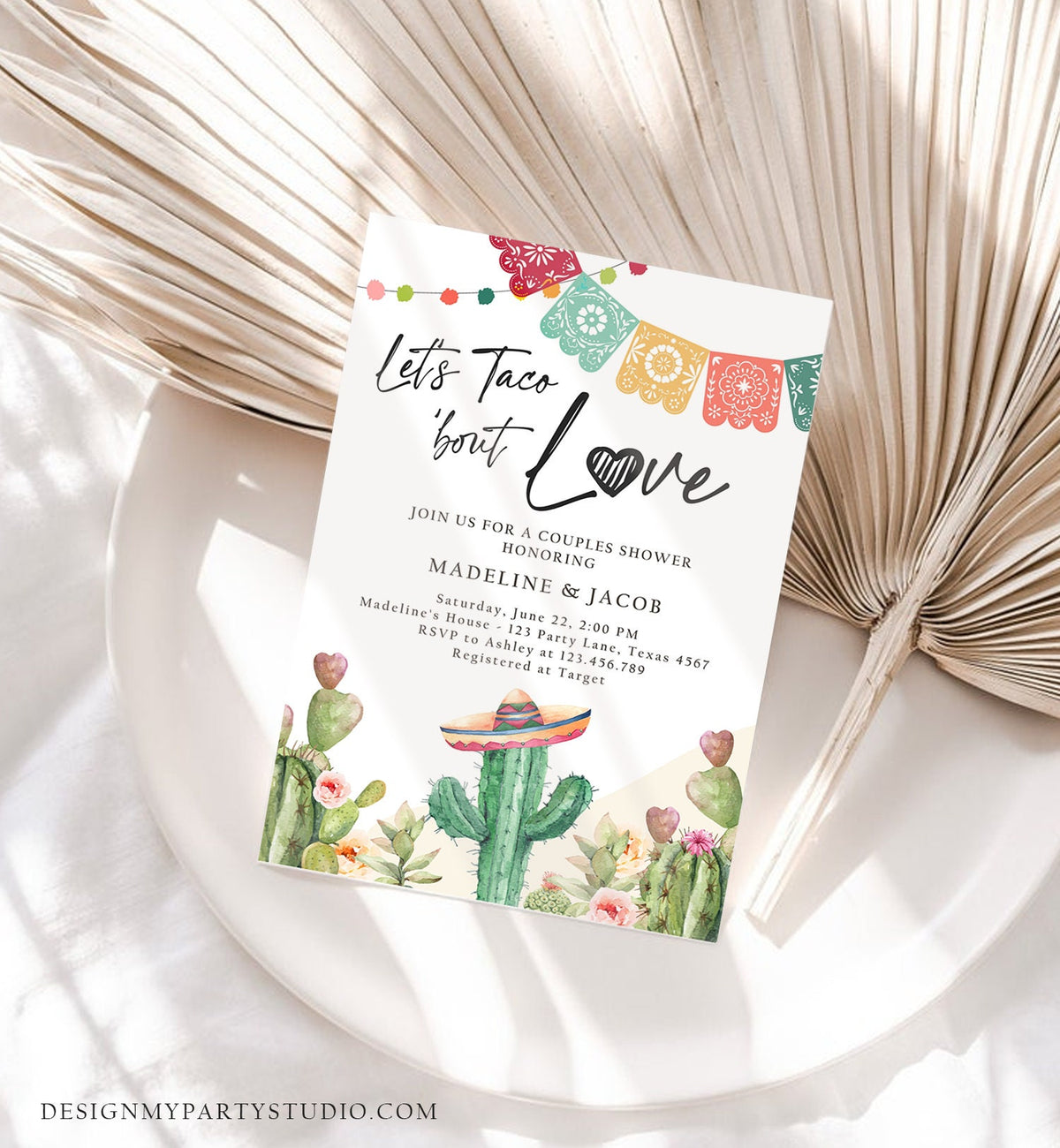 Editable Let&#39;s Taco Bout Love Engagement Invitation Couples Shower Bridal Watercolor Cactus Succulent Fiesta Digital Template Printable 0404