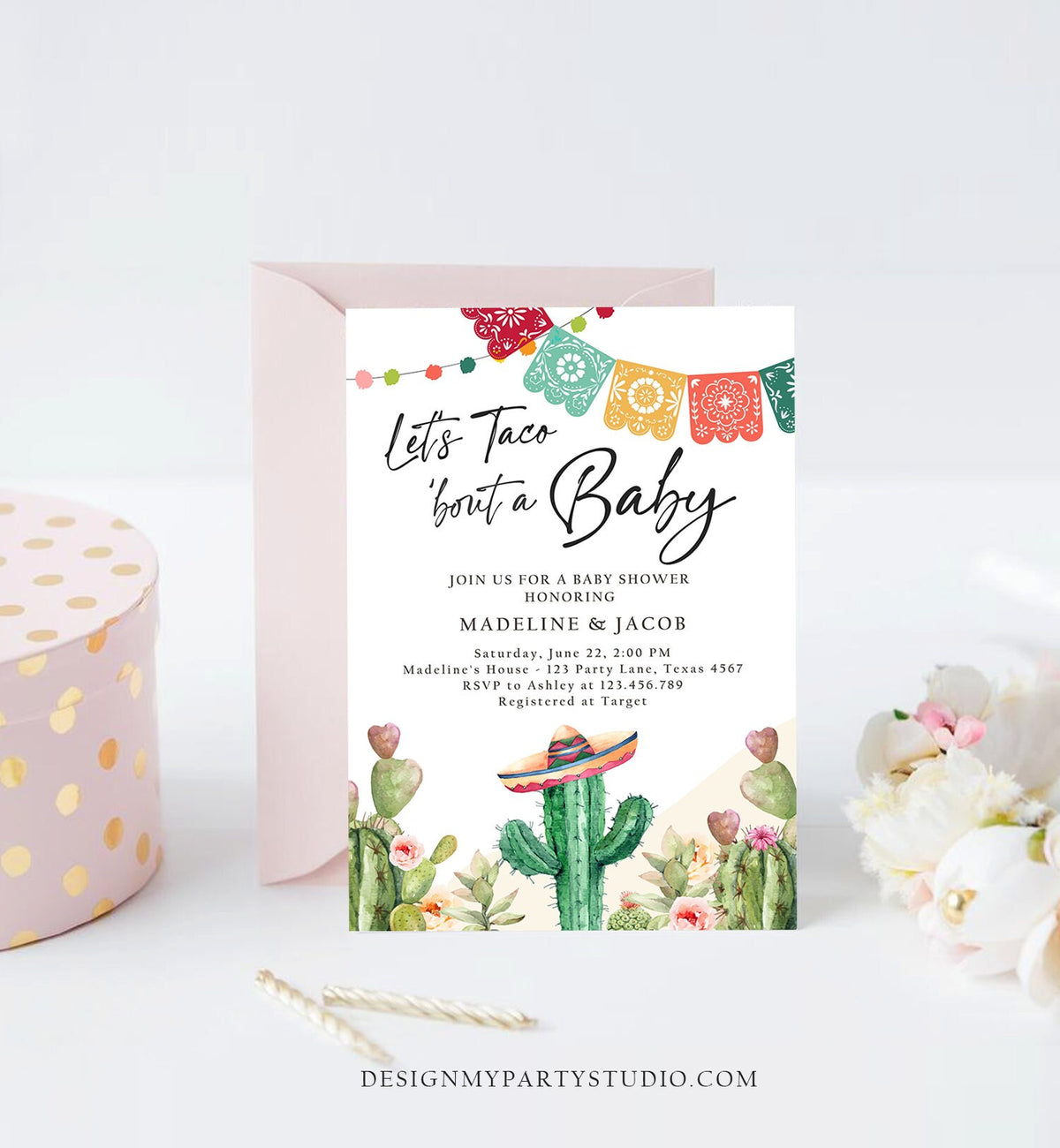 Editable Let&#39;s Taco Bout a Baby Shower Invitation Cactus Mexican Fiesta Couples Shower Desert Watercolor Template Corjl Printable 0404