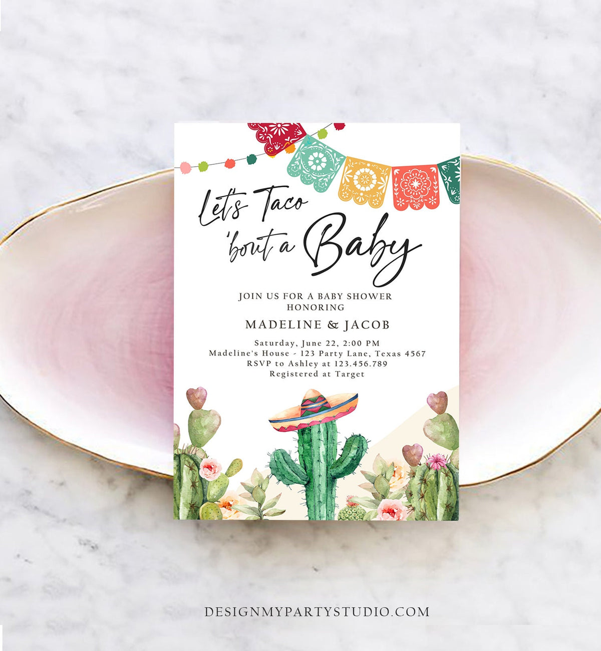 Editable Let&#39;s Taco Bout a Baby Shower Invitation Cactus Mexican Fiesta Couples Shower Desert Watercolor Template Corjl Printable 0404