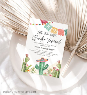 Editable Let's Taco Bout a Gender Reveal Party Invitation Cactus Mexican Fiesta He or She Boy Girl Watercolor Template Corjl Printable 0404