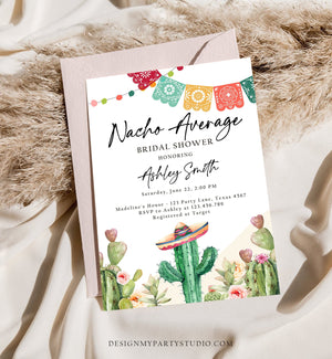 Editable Nacho Average Bridal Shower Invitation Couples Fiesta Mexican Watercolor Cactus Succulent Desert Template Corjl Printable 0404