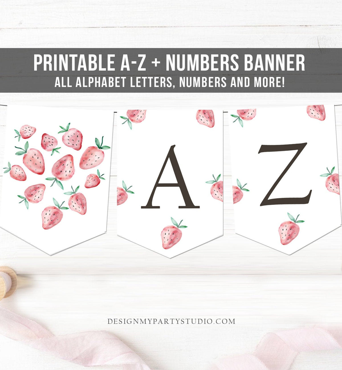 Strawberry Alphabet Banner Letters A to Z Numbers Strawberry Birthday Banner Berry Sweet Party Decor Baby Shower Banner DIY Printable 0399