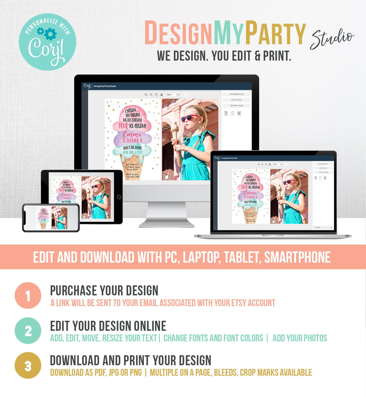 Editable Ice Cream I Scream Birthday Invitation Four Party 4th Here's the Scoop Cone Pink Mint Purple Digital Template Printable 0243