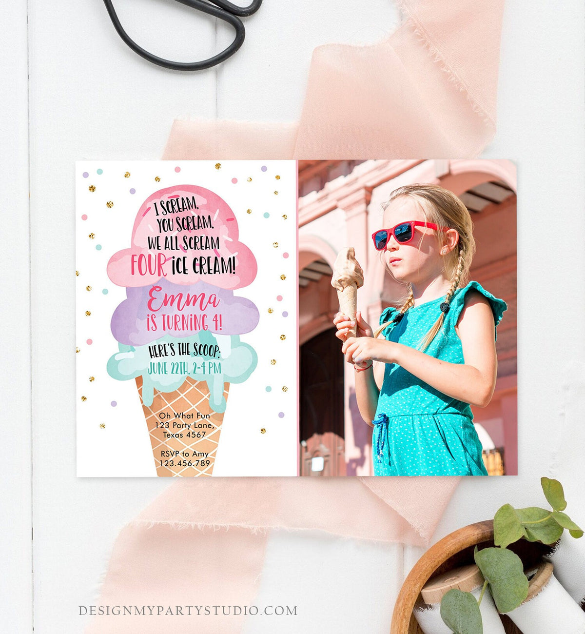 Editable Ice Cream I Scream Birthday Invitation Four Party 4th Here's the Scoop Cone Pink Mint Purple Digital Template Printable 0243