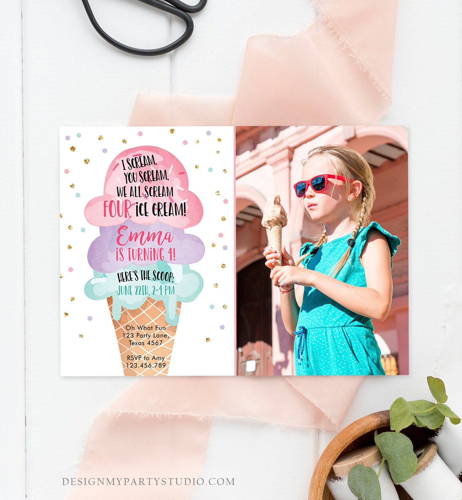 Editable Ice Cream I Scream Birthday Invitation Four Party 4th Here's the Scoop Cone Pink Mint Purple Digital Template Printable 0243