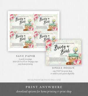 Editable Travel Bring a Book Card Baby Shower Books for Baby Adventure Floral Journey Begins Suitcases Globe Corjl Template Printable 0030
