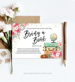 Editable Travel Bring a Book Card Baby Shower Books for Baby Insert Card Mrs Adventure Begins Pink Floral Corjl Template Printable 0030