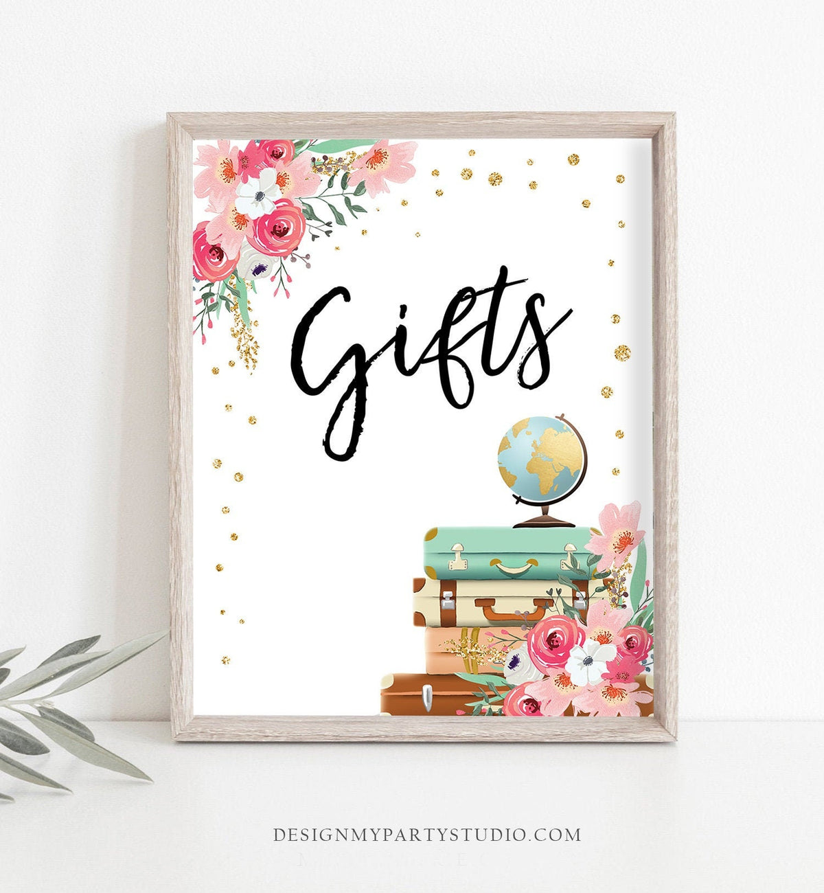 Gifts Sign Travel Adventure Bridal Shower Wedding Baby Shower Pink Floral Gold Globe Suitcase Gift Table Confetti Download PRINTABLE 0030