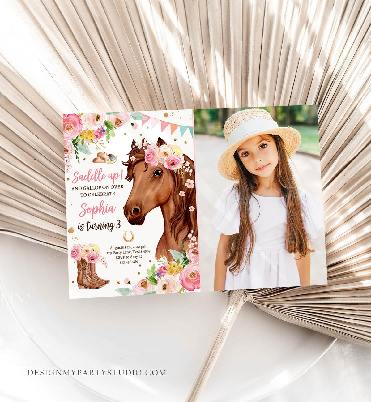 Editable Horse Birthday Invitation Girl Saddle Up Watercolor Cowgirl Party Horse Invite Pink Floral Download Printable Template Corjl 0408