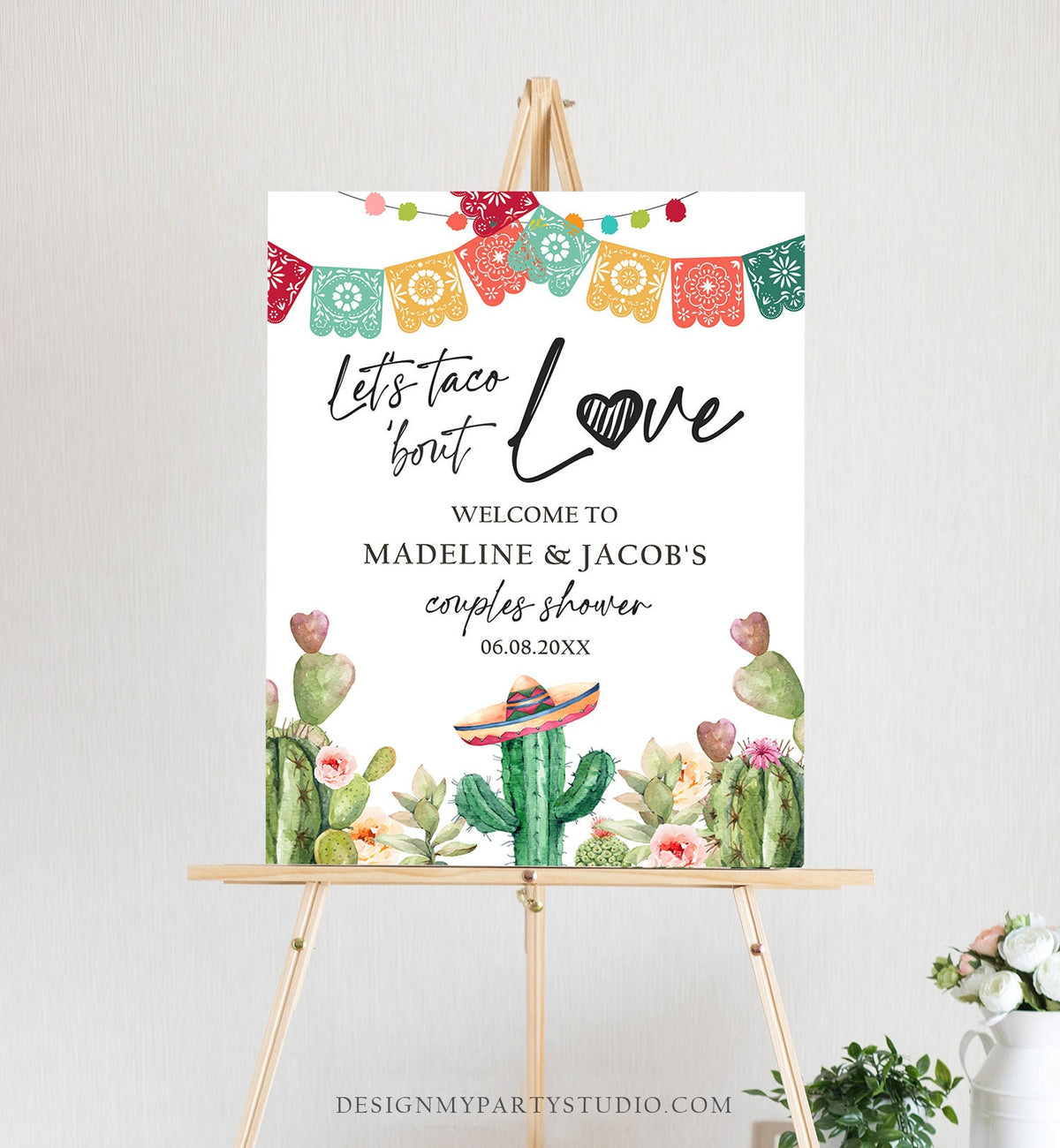 Editable Taco Bout Love Welcome Sign Couples Shower Cactus Mexican Succulent Bridal Shower Wedding Watercolor Corjl Template Printable 0404