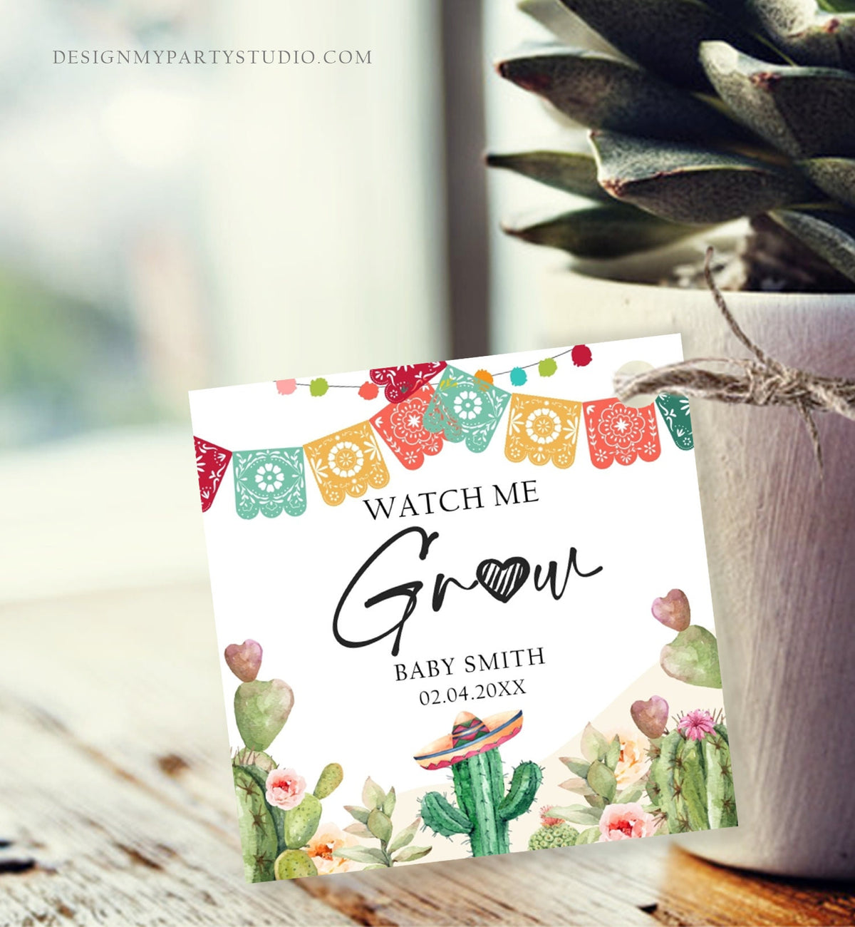 Editable Watch Me Grow Tags Fiesta Cactus Favor Tags Baby Shower Bridal Succulent Taco Bout Love Watercolor Digital Template Printable 0404