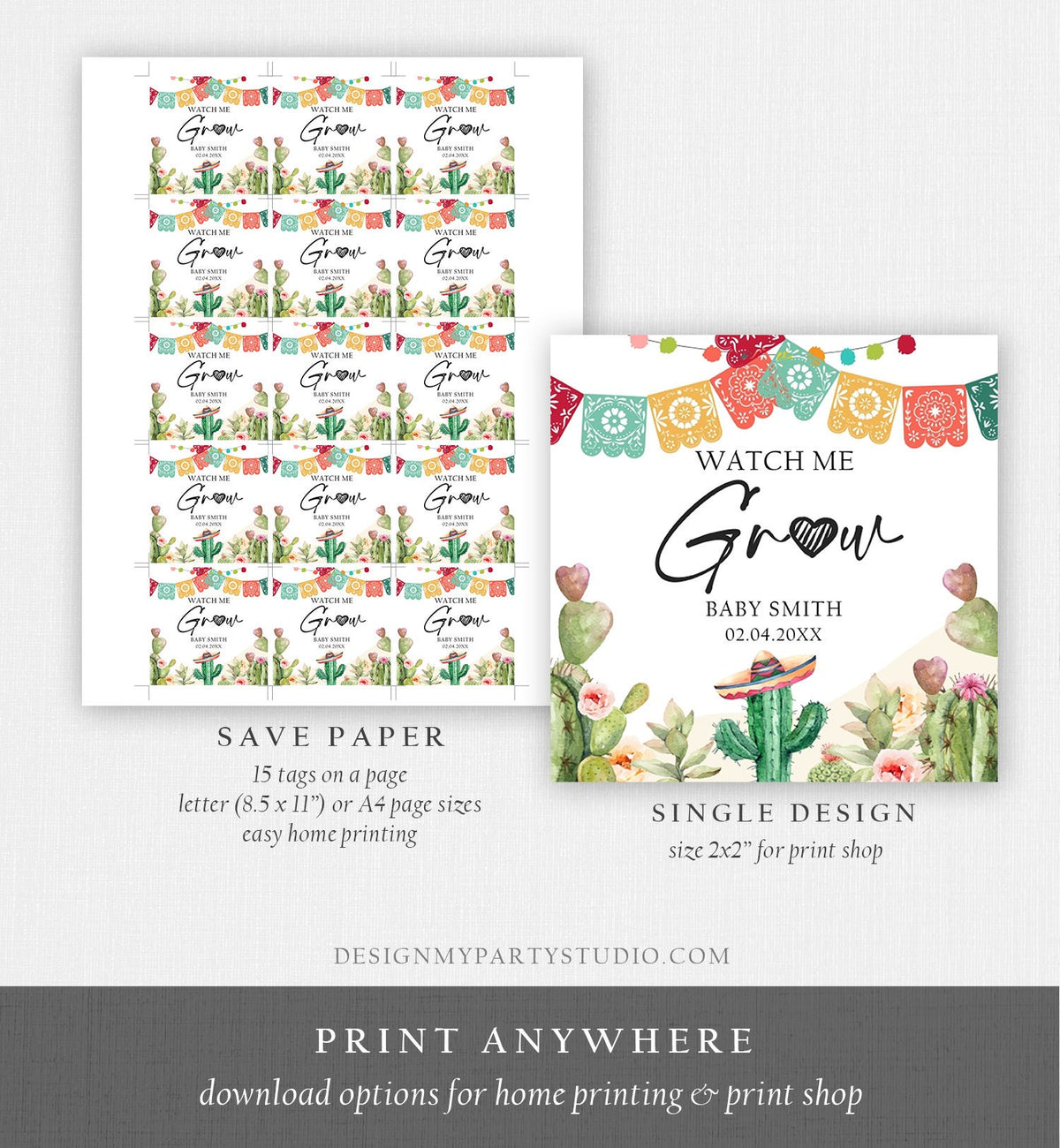 Editable Watch Me Grow Tags Fiesta Cactus Favor Tags Baby Shower Bridal Succulent Taco Bout Love Watercolor Digital Template Printable 0404