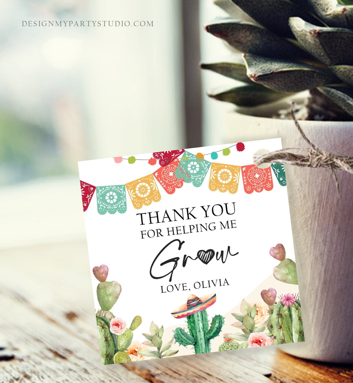 Editable Teacher Appreciation Favor Tag Thank You for Helping Me Grow Succulent Fiesta Cactus Teacher Digital Template Printable 0464